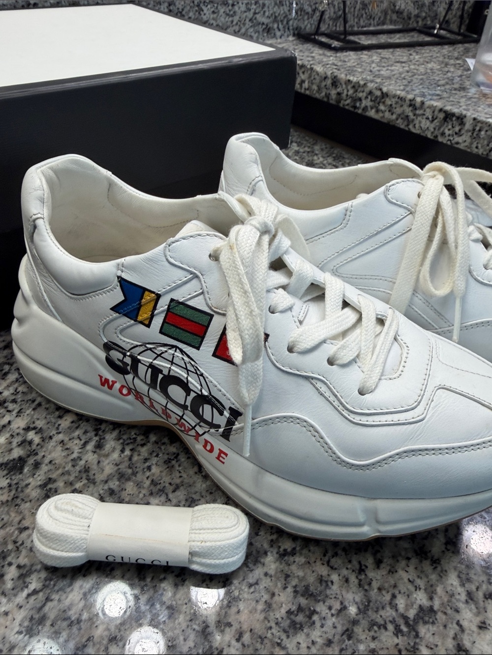Gucci White Leather Sneakers with Red and Green Accent